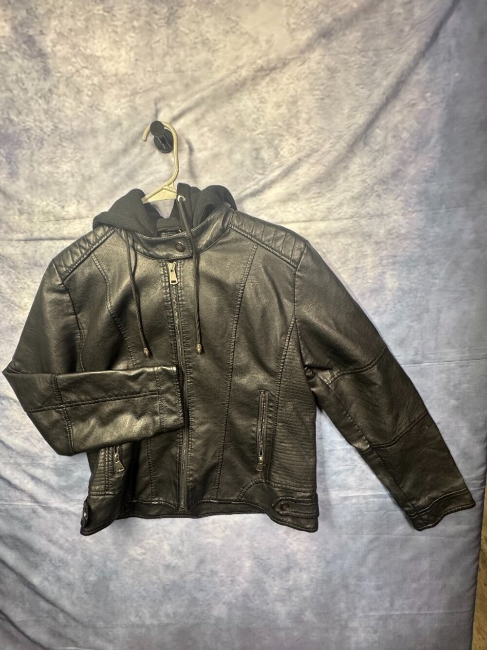 Olivia Miller Faux Leather Moto Jacket with Detachable Hoodie Size Large